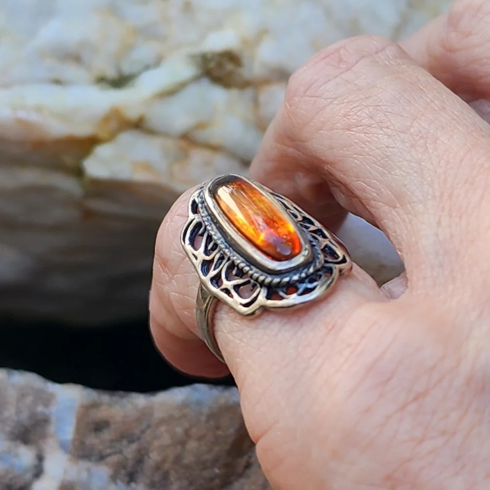 Estate Sterling Silver 925 Natural Baltic Amber Ring Honey Cognac Amber Jewelry